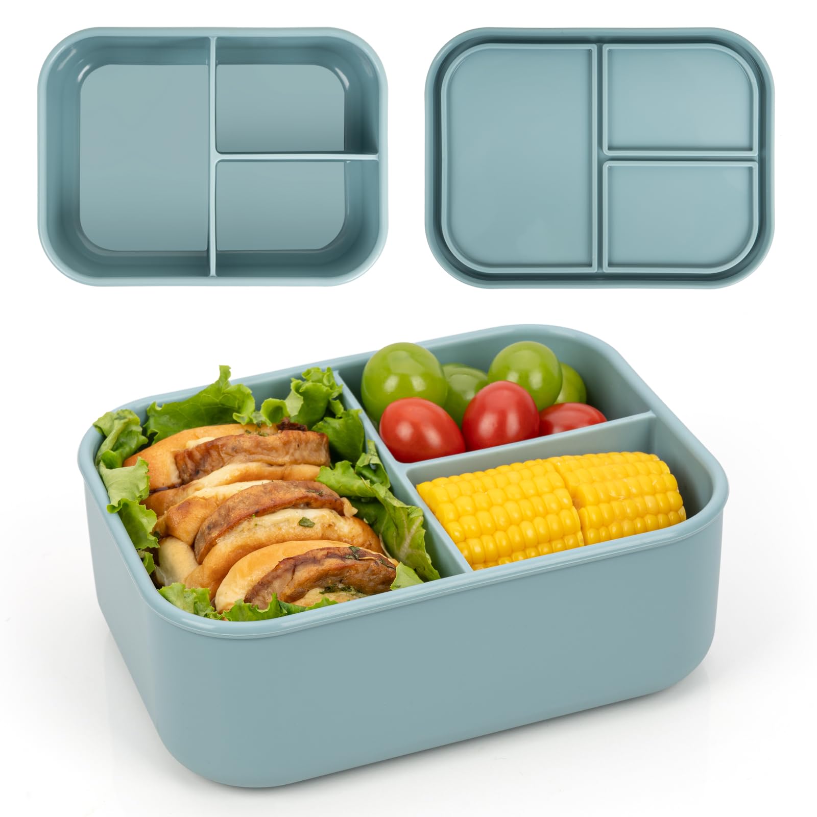 Photo 1 of 100% Silicone Bento Box Adult with 3 Compartments, 48oz, Reusable Divided Lunch Box Meal Prep Containers for Entree and Side Food Snack Storage, BPA-Free Plastic-Free, Microwave Dishwasher safe, Green
