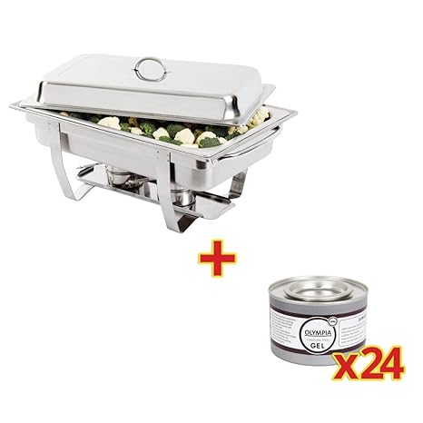 Profi Chafing Dish Set Edelstahl Wasserbehälter, Speisenbehälter, Deckel und 2 Brennpastenbehälter inkl. 24 Dosen Brennpasten