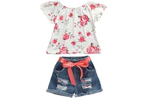 Toddler Baby Girls Jeans Shorts Outfits Floral Shirt Tops Ripped Denim Shorts Summer Clothes Set