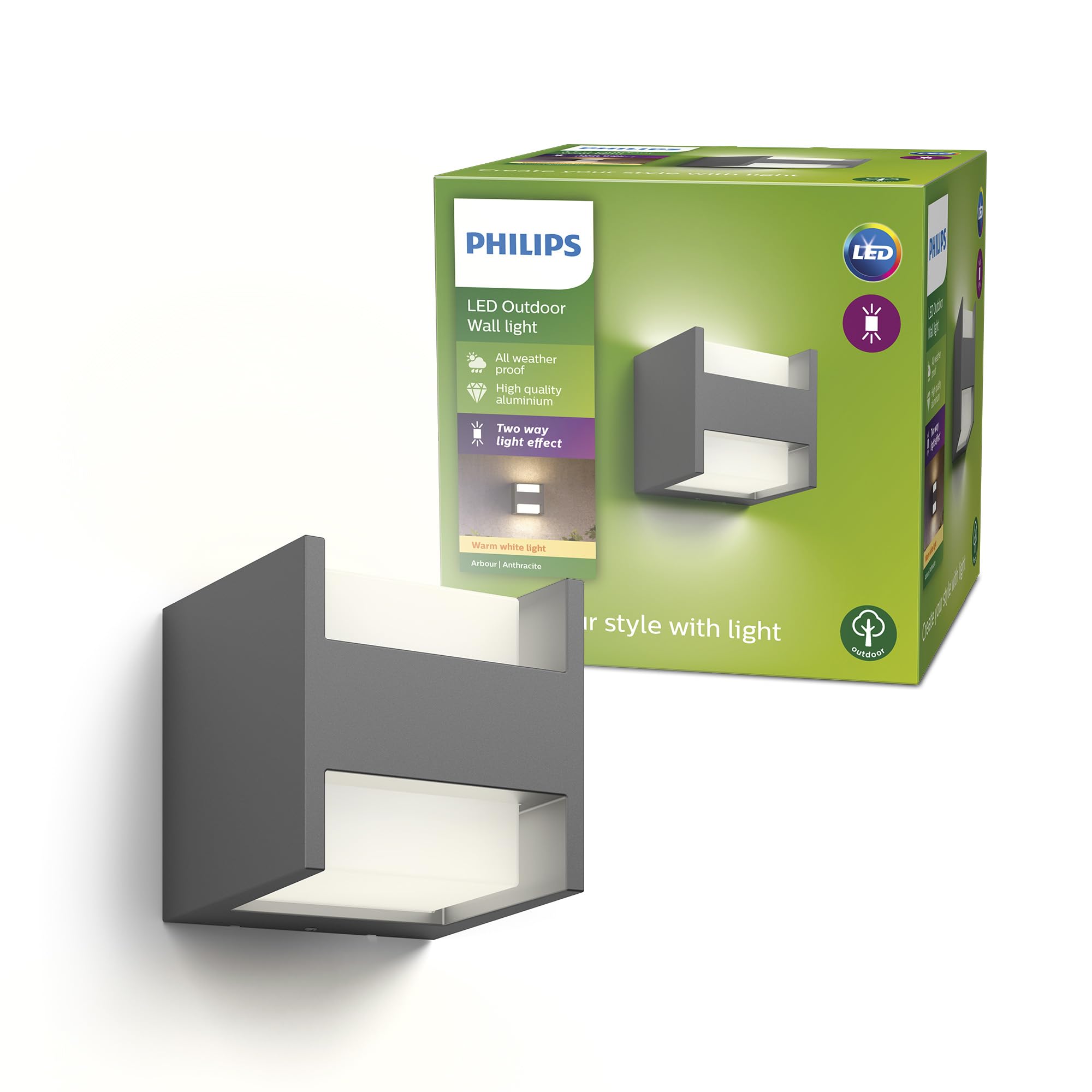 Philips Arbour LED Outdoor Wall Light, 4.5W, 1,000 lm, 2,700 K Warm White Light, IP44 Weather-resistant, Vertical Light, Built-in LED, Durable, Aluminium, Anthracite Grey