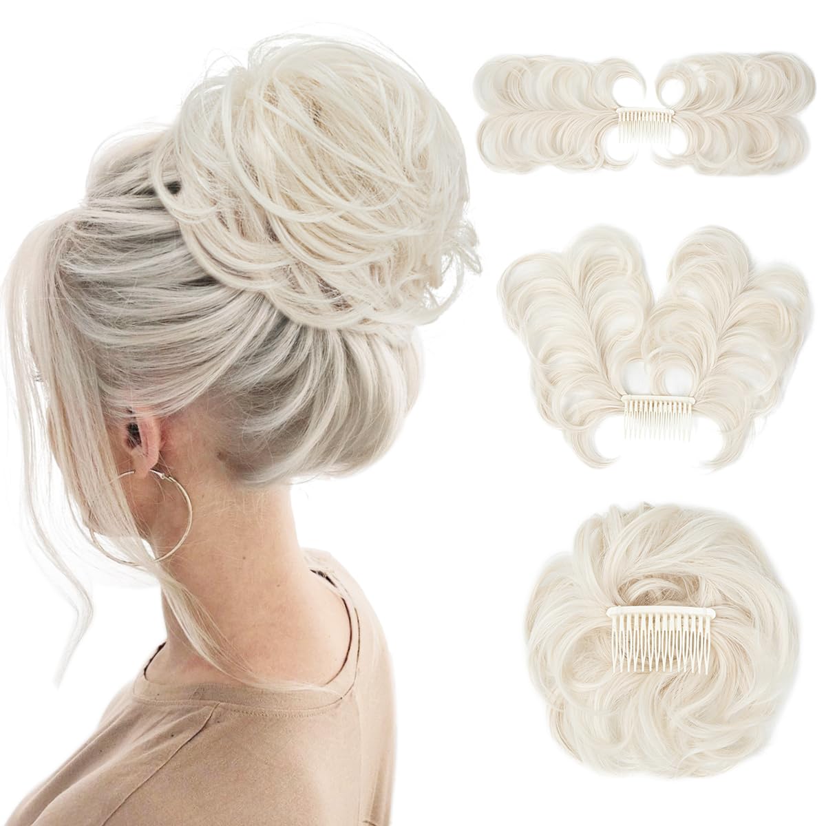 Photo 1 of YOUNGWAYS Messy Bun Hair Piece Side Comb Clip in Hair Bun Hairpiece for Women Short Natural Straight Versatile Adjustable Styles Easy Hair pieces (White Blonde-C)