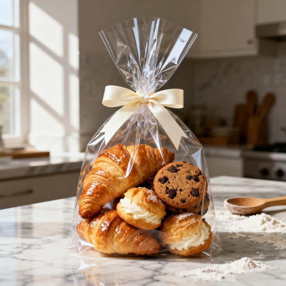 Morepack Flat Bottom Cellophane Bags,100 Pcs 7x3x12 Inches Clear Cello Bags Flat Bottom Cellophane Treat Bags for Cookie (No Side Gusset)