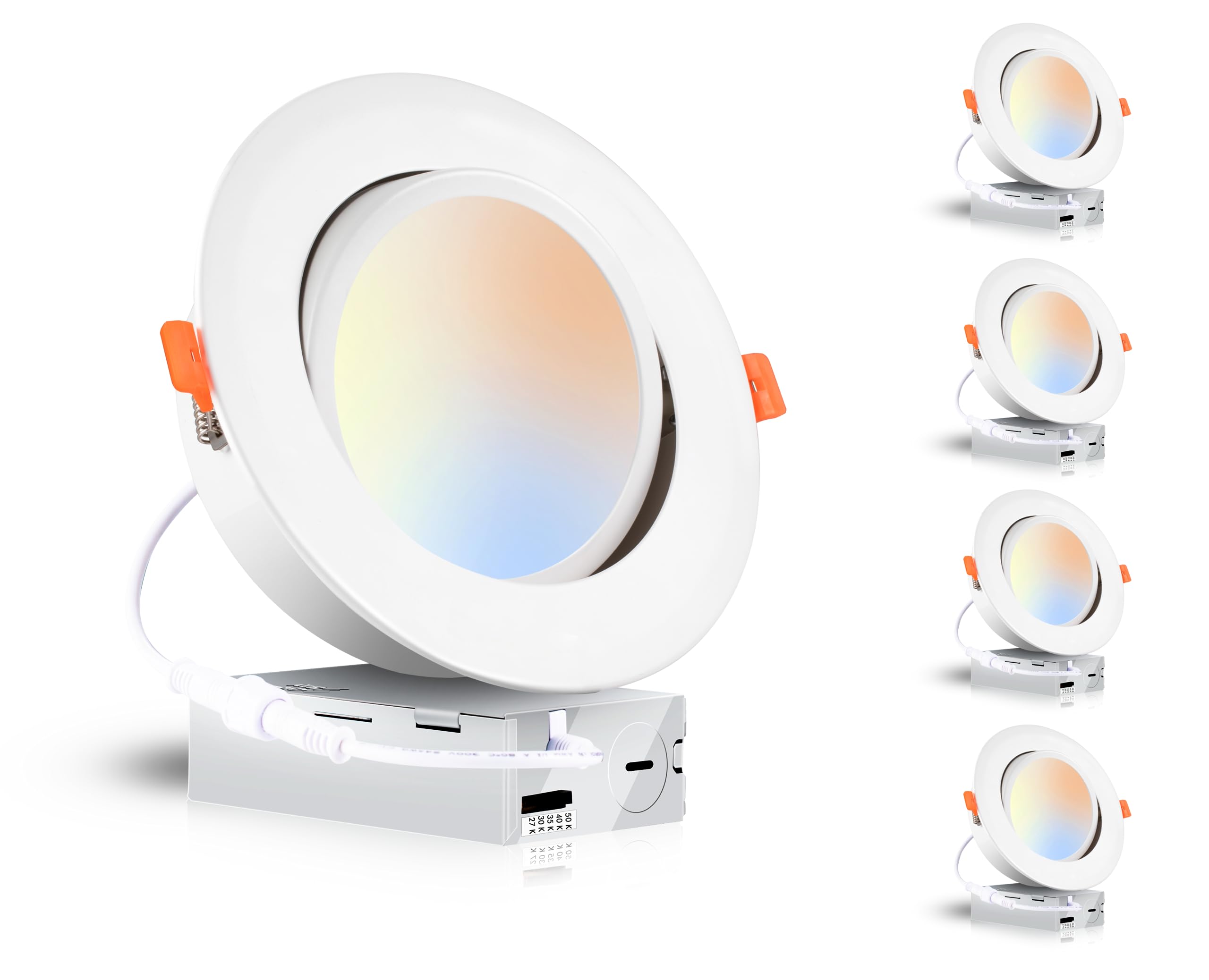 Photo 1 of CLOUDY BAY 15W 6 inch 5 Color Swivel LED Gimbal Recessed Light with Junction Box, IC Rated Air Tight Flicker Free,120V CRI90+, 2700K/3000K/3500K/4000K/5000K Temperature Selectable,White, Pack of 4