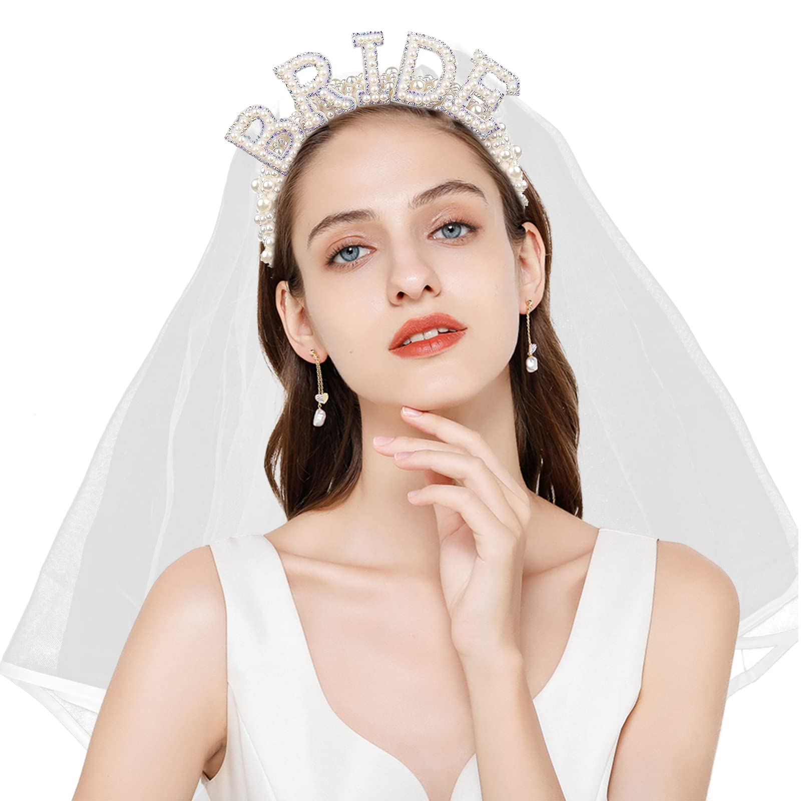 Hen Party Headband, Pearl Bride Headband and Veil Bachelorette Party Bride to Be Headbans Rhinestones Tiara for Wedding Bridal Shower, Engagement