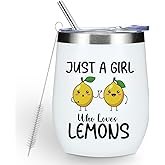 Funny Lemon Gifts, Cute Lemon Lovers Gift, Wine Tumbler Insulated Wine Glasses 12 oz Tumbler with Lid for Women Fruit Lover Girls Bestie Daughter Best Friend Sister Birthday Friendship Christmas