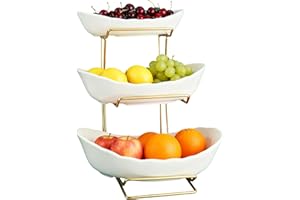 Tmore 3 Tier Fruit Bowl for Kitchen Counter, Ceramic Fruit Basket for Counter, Tiered Serving Bowls with Metal Stand, Fruit B
