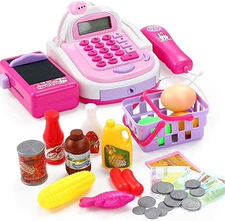 46 piezas para niños, caja registradora para niños, juegos imaginación, supermercado, tienda, hasta juguetes con calculadora, escáner trabajo, tarjeta crédito, comida para jugar, dinero y más (colo: Amazon.es: Hogar