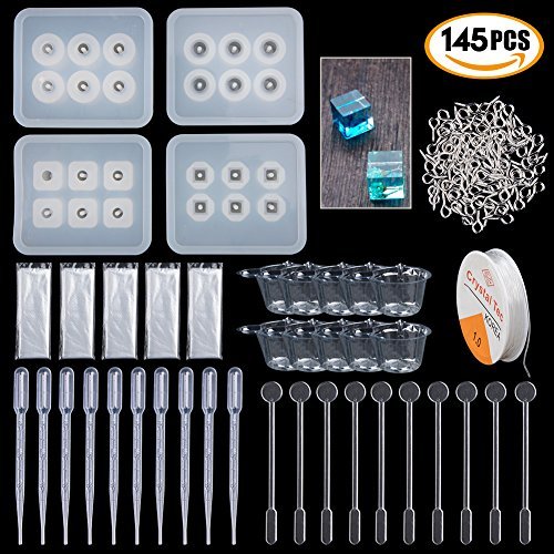Resin Casting Molds,145 Pcs Set Including Round Square Silicone Bead Bracelet Making Molds,Screw Eye Pins,Elastic String Cord,Disposable Plastic Cups,Stirrers,Droppers,Disposable Gloves for DIY Craft