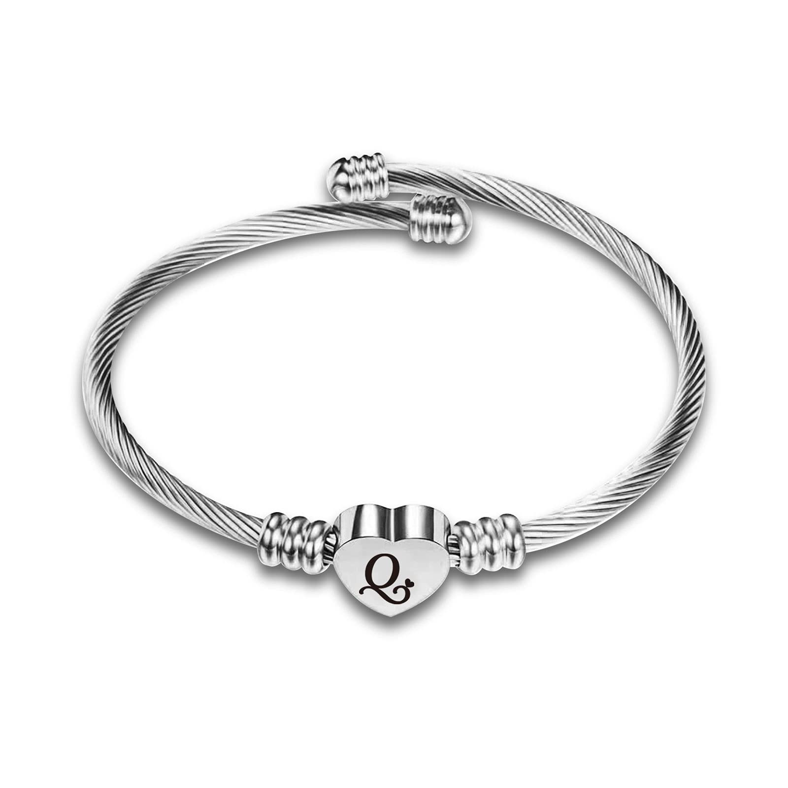 SBI Jewelry Silver Initial Q Bangle Bracelets for Women for Name Couple Memorial Bracelets for Women Letters Love Heart Friends Family BFF Aunt