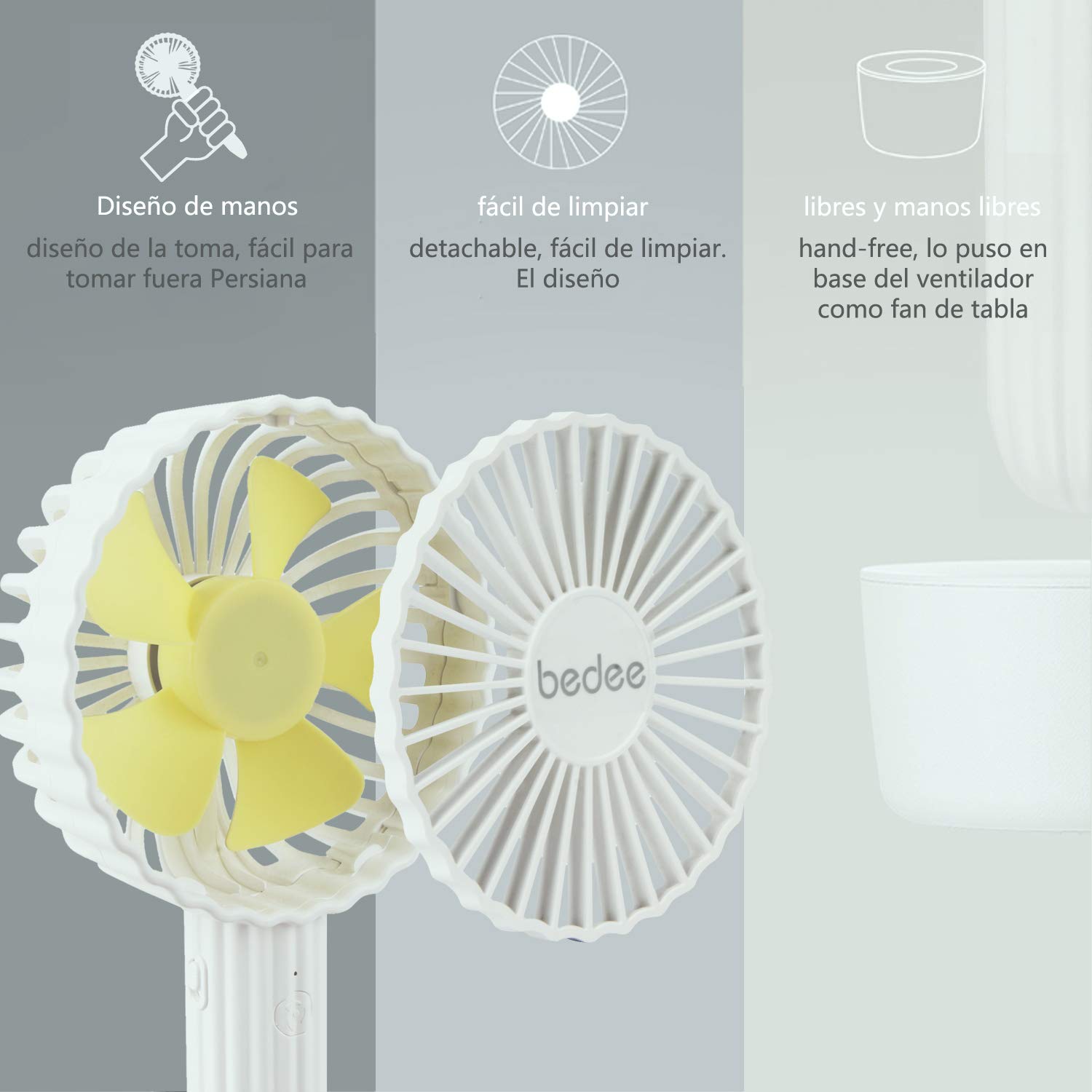 bedee Ventilador de Mano,Mini Ventilador Portatil de Mano para Exteriores con USB batería Recargable de 1200 mAh,3 Niveles de Velocidad Ajustables,casa y Viajes(Blanco)