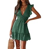 Women Floral Mini Dress Sexy V Neck Ruffle Flutter Sleeve Polka Dot Summer Dresses