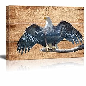 Double Exposure Rustic Canvas Wall Art - Eagle in The Wild on Vintage Wood Background - Giclee Print Modern Wall Art | Stretched Gallery Wrap Ready to Hang - 12x18 inches