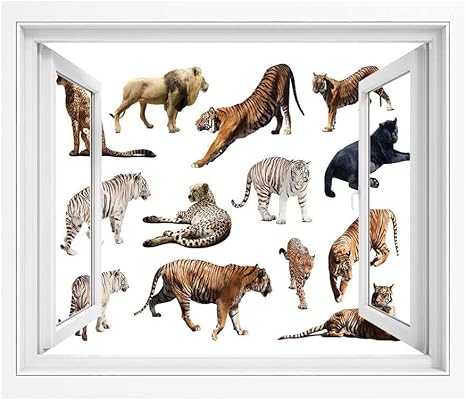 Amazon サファリの装飾 Pvc絵画風 壁紙ポスター 90x60 Cm トラやその他の大きな野生の猫の捕食性のネコ動物園の横になって立っている背景のコレクション 窓の景色 目の保養 癒し 気分転換 ウォールステッカー オンライン通販
