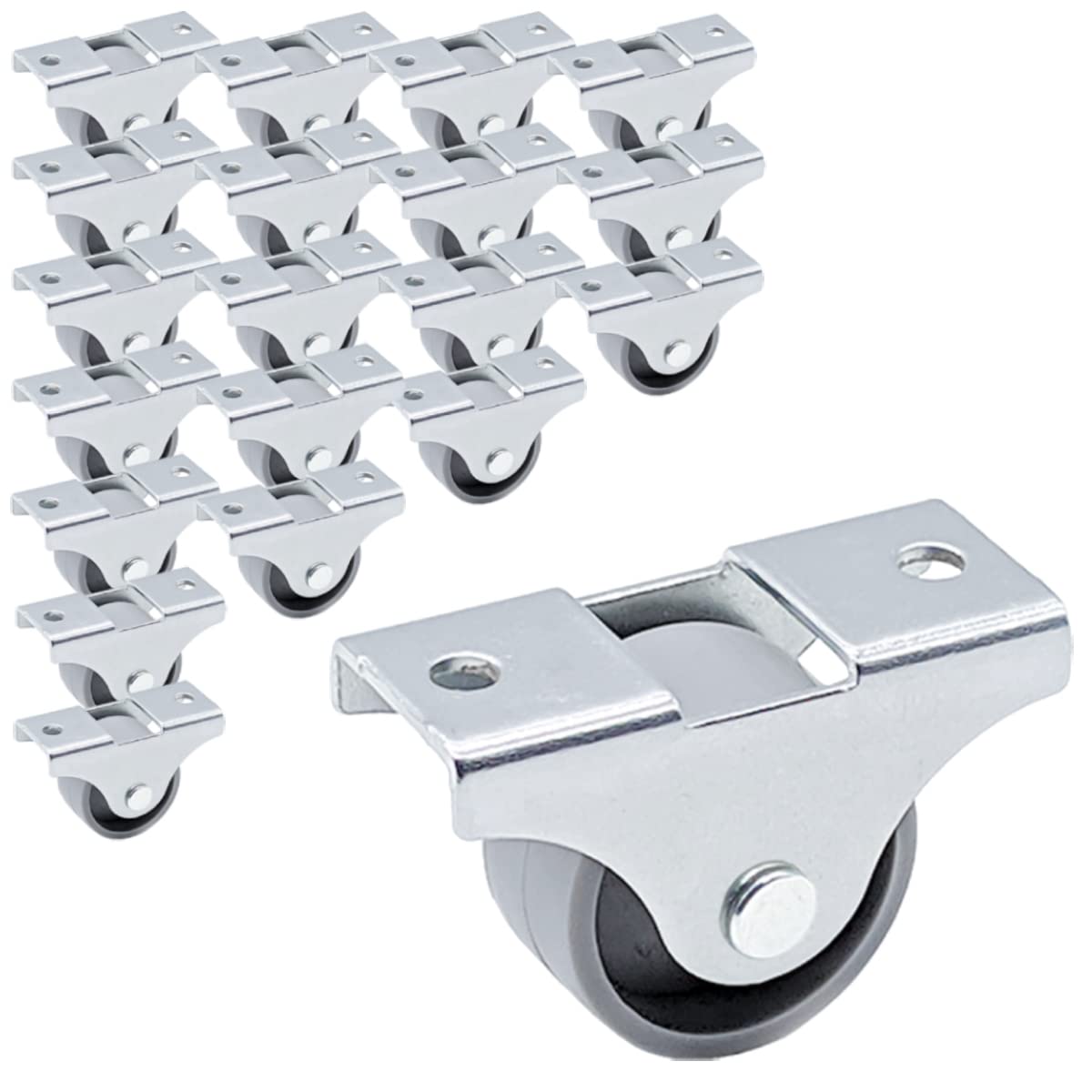 SKIR'CO (Pack of 20 pcs) Small 25 mm Furniture Castors, Grey Plastic Wheels, Non-Swivel, Fixed Casters, One-Way Direction (20)