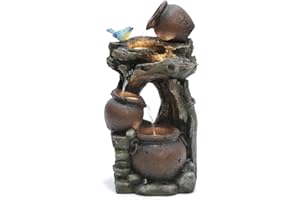 LUXENHÖME LuxenHome 25.6" Rustic Pots and Pitchers on Tree Resin Outdoor Fountain with LED Lights Fountains and Waterfalls Decor for Patio Yard Garden Water Fountains Outdoor