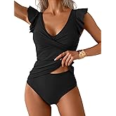Aidonger Tankini Swimsuit for Women Tummy Control Two Piece Bathing Suit Ruched Ruffle Swimwear Top with Bottom