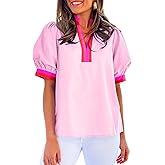 whoinshop Womens Striped Tops 2025 Short Puff Sleeve Shirt V Neck Cute Casual Loose Blouse