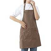Aprons for Women Men BBQ Chef Cooking Artist Water Drop Resistant Canvas Adjustable Kitchen Apron with Pockets for Unisex Grill Baking Painting Art Stylist Dishwashing Comfortable Aprons (khaki)