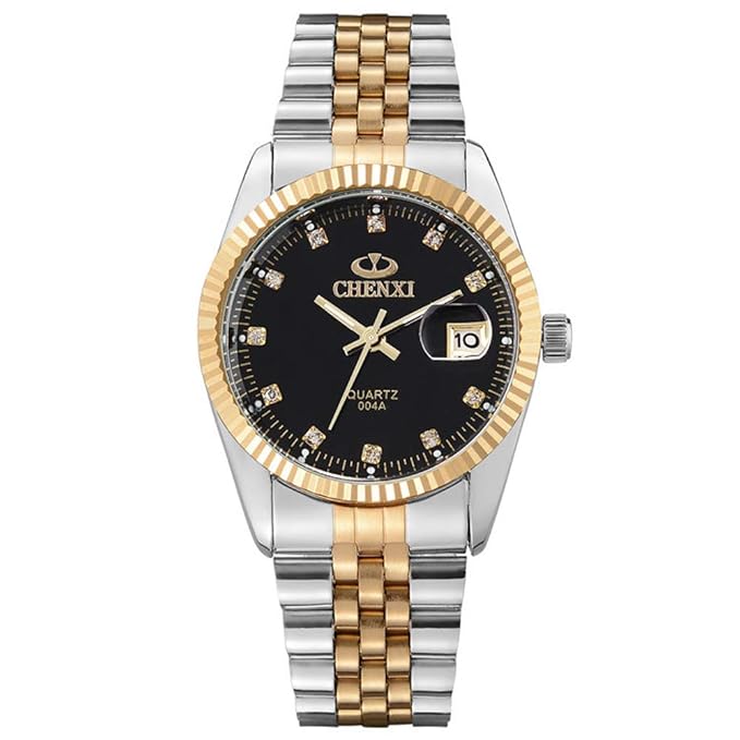 XLORDX Herren Armbanduhr, Business Casual Analog Quarz Datum Gold Uhr mit Edelstahl Armband, Schwarz Zifferblatt