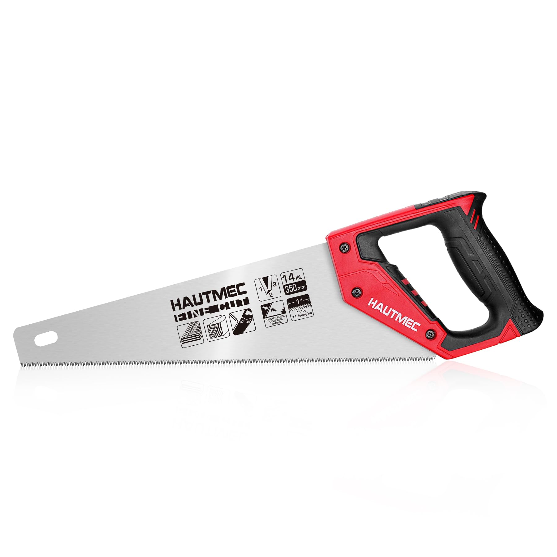 HAUTMEC 350MM Universal Hand Saw, 11 TPI Fine Cut Wood Saw with Hardened Triple-Ground Teeth & Bi-Material Ergonomic Handle, Compact Handsaw for Wood, Plastic, PVC, Laminate & Branch Cutting – HT0024