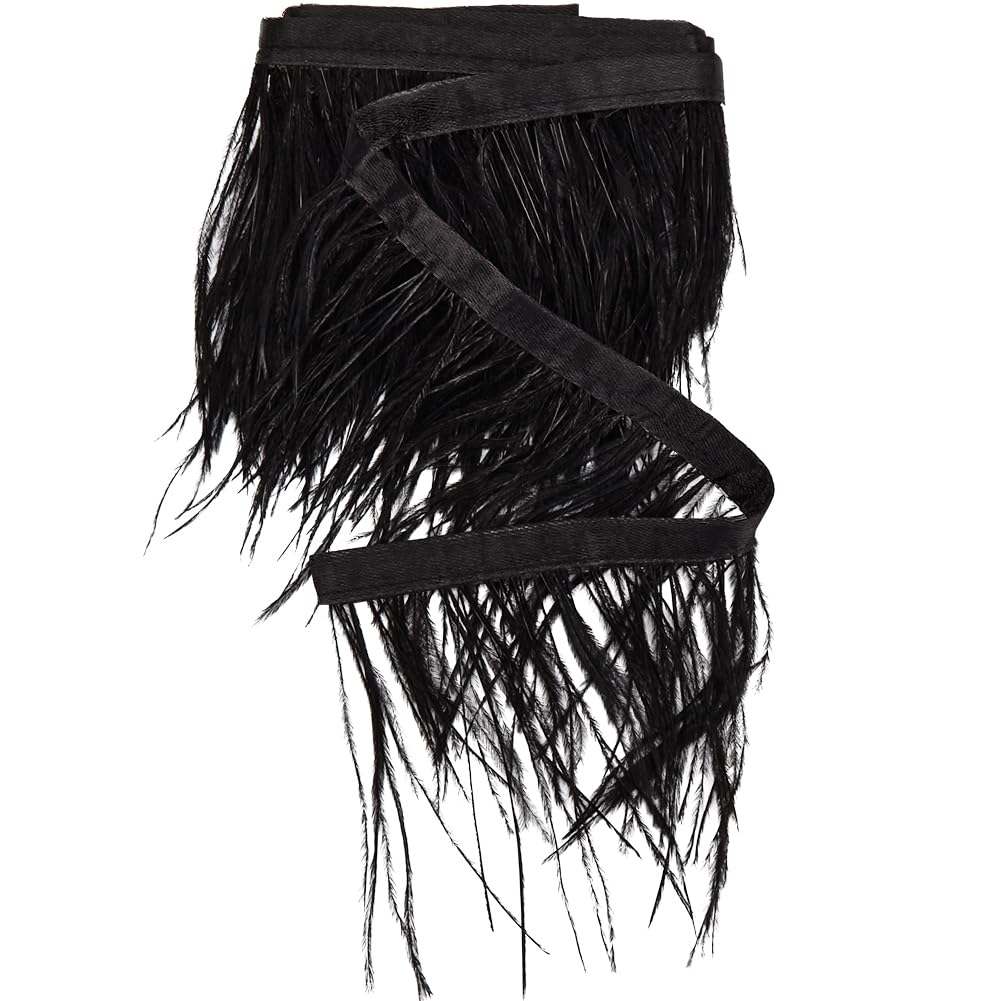 GORGECRAFT 2m*(8~10cm) Ostrich Feather Trim Fringe Ribbon Tassel Lace Edge Trimming with Cloth Band Latin Dress Accessories for Sewing DIY Wedding Crafts Costumes Curtain Christmas Party Decor Black