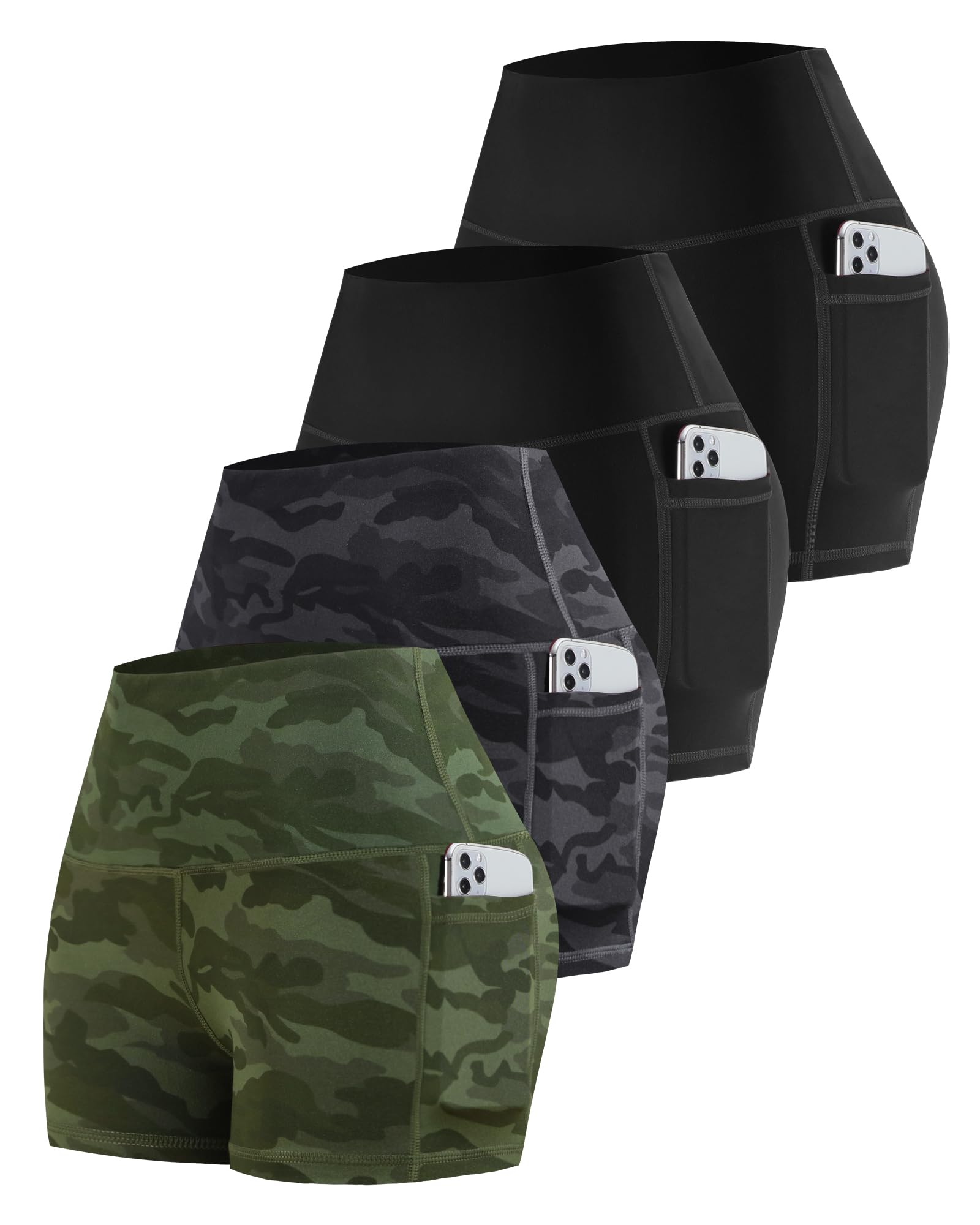 CHRLEISURE Womens Biker Yoga Shorts with Pockets: High Waisted Tummy Control Spandex Workout Athletic Gym Shorts 4 Packs(3'' Camo, 2XL) Image