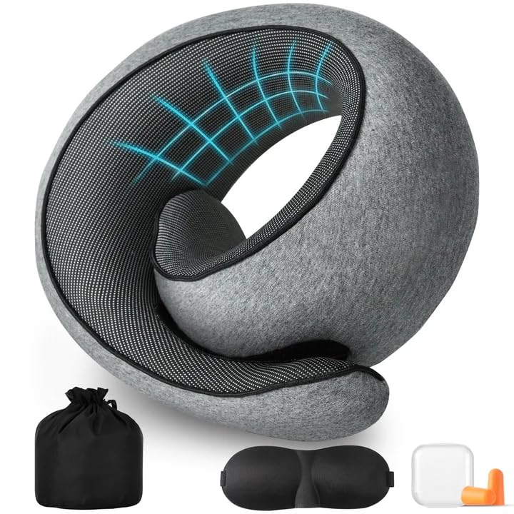 Aeroplane Neck Pillow, Support Neck Travel Pillow, Includes Storage Bag, Eye Mask, Ear Plugs, Removable Cover, Travel Pillow for Plane, Train, Car & Business Trips, Large, Dark Grey