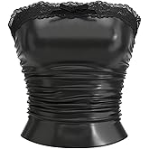 OYOANGLE Women's PU Leather Strapless Bandeau Top Lace Trim Ruched Sleeveless Going Out Crop Tube Tops
