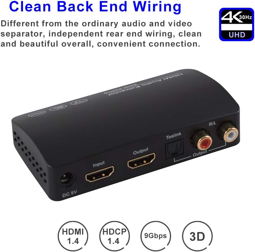 4K 3D HDMI 1.4 Audio Extractor Converter to Optical Spdif Toslink Converter + DAC HD Digital to Analog Stereo R/L+ HDMI Video Adapter Splitter -AC3 LPCM DTS Compatible with Blu-ray DVD Xbox PS3 PS4