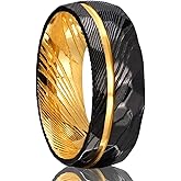 Concept Knight Damascus Steel Rings for Men Black Hammered 8mm Men's Engagement Wedding Bands Inlaid Gold Foil Meteorite Fragments Comfortable Suitable for Daily Parties