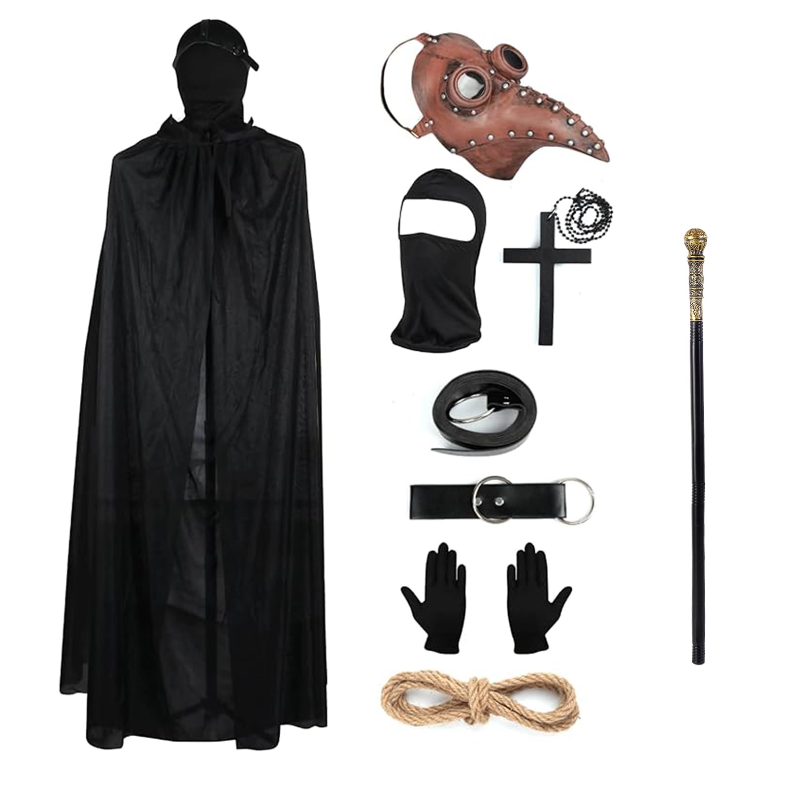 Halloween Props Costume Set, Retro Leather Bird Mask Gothic Plague Doctors Mask with Full Face Cane Black Hooded Cloak Gloves Cross Necklace Ringe Buckle Belt for Halloween Cosplay (Brown Silver)