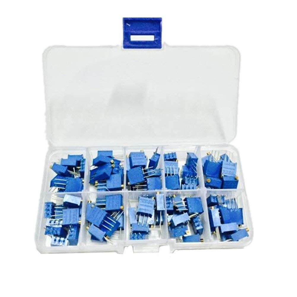 ARCELI 100PCS 10Value 1/4W 100 Ohm to 500K Ohm 3296W Multiturn Trimmer Pot Potentiometer Assorted Kit Variable Resistor with Clear Plastci Box