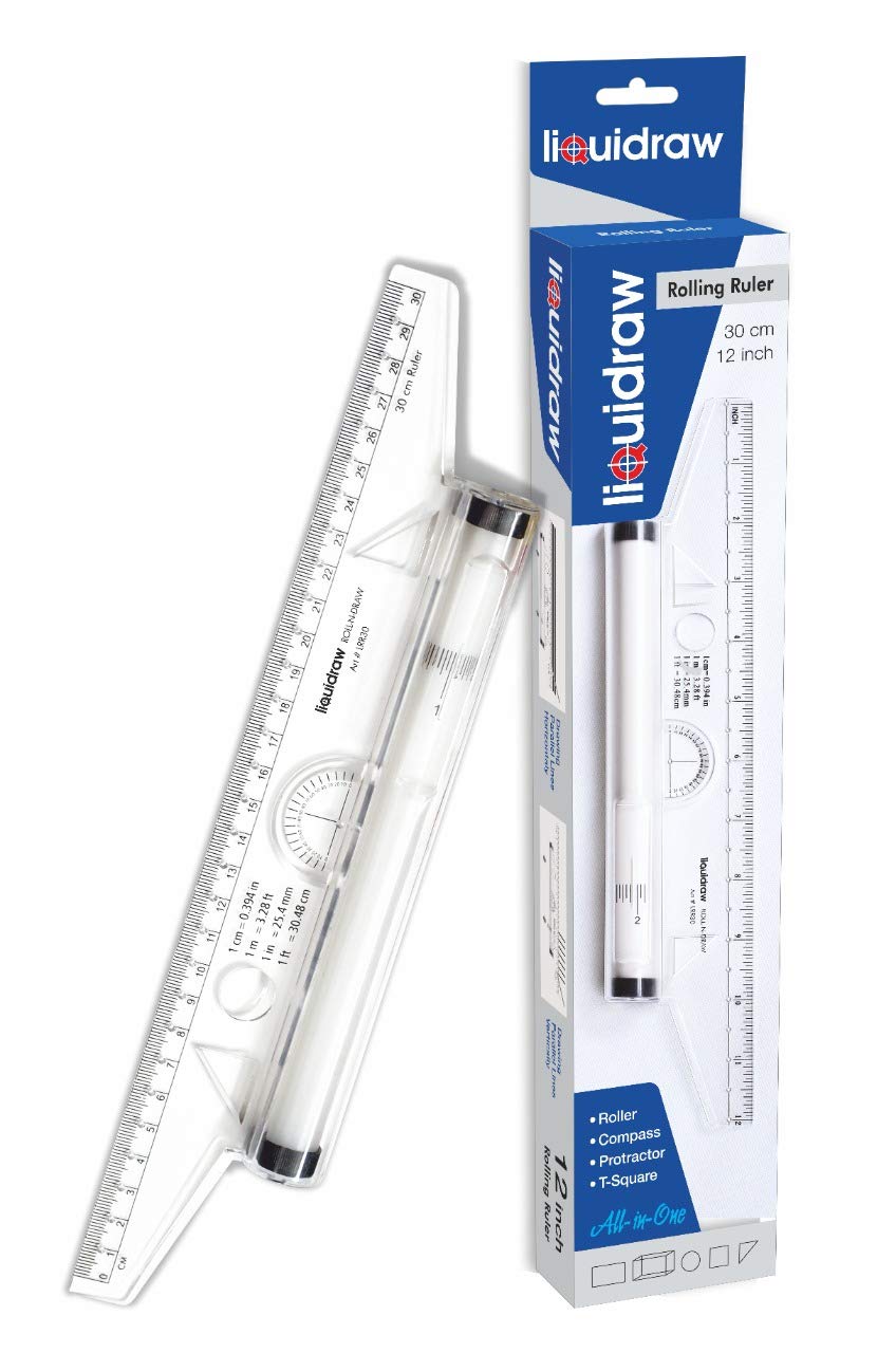 Liquidraw Rolling Ruler 30cm / 12 inch Protractor | Metric Technical Drawing Tool for Architects, Engineers & Students | Measure Angles, Draw Straight Lines & Circles | Ruler, Compass & T-Square