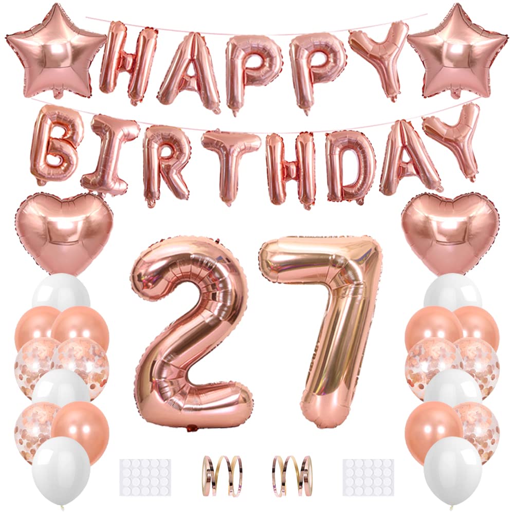 Xihuimay 27th Birthday Decoration Set - Happy Birthday Banner, Helium Balloons, Number 27 Balloon, Confetti, Latex, Star Heart Foil Balloon - Rose Gold Party Supplies