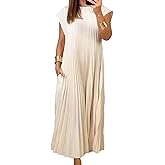 SEMATOMALA Women's Pleated Short Sleeve Maxi Dress Crewneck Loose Fit Flowy Swing Long Dress with Pockets