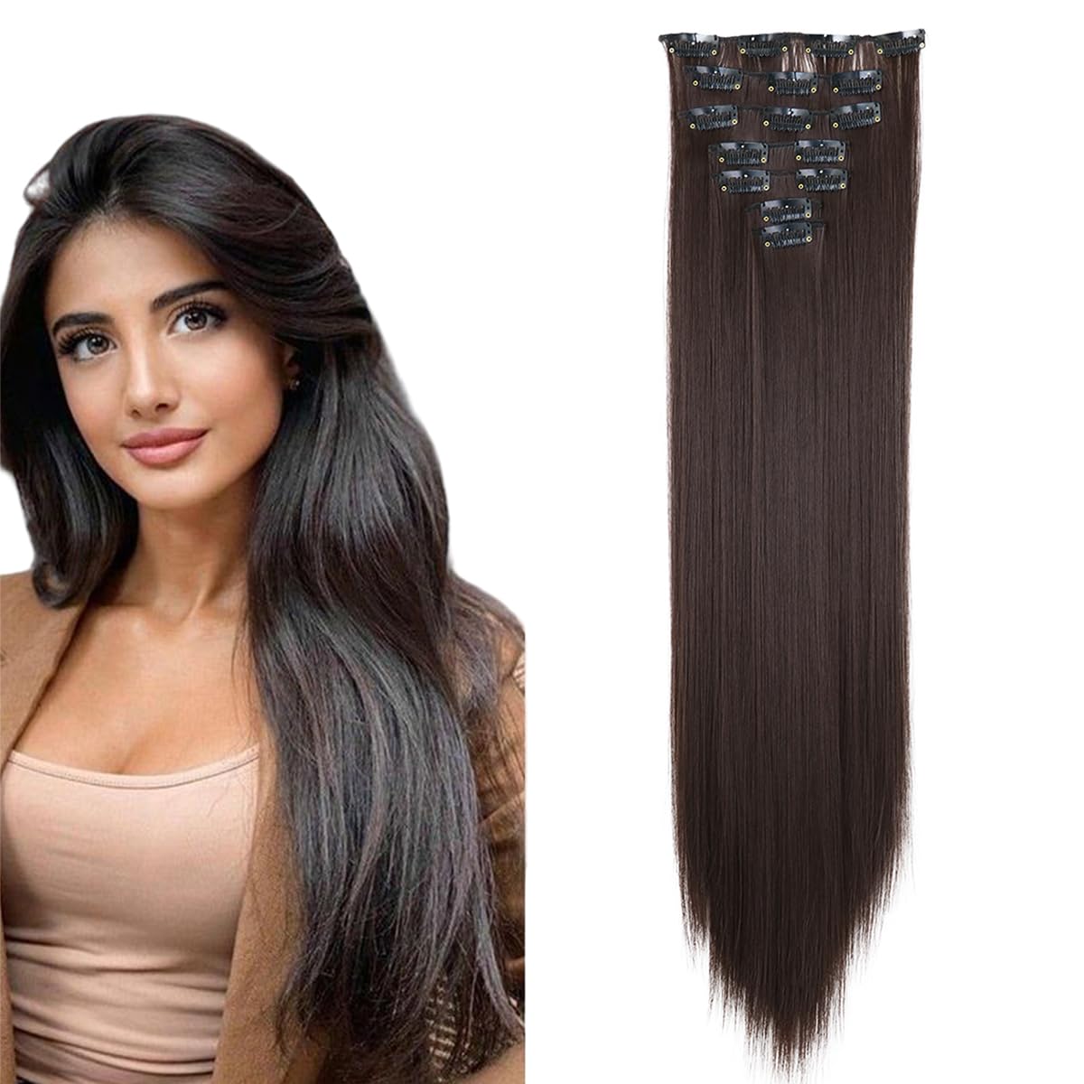 prinfantasy Hair Extensions Clip in Natural Brown Hair Extension Long Synthetic Hair Pieces for Women, MW148 — image 1