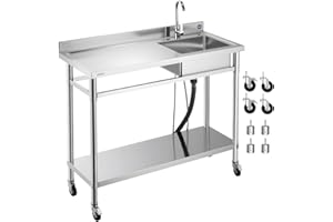 VEVOR Stainless Steel Utility Sink, Rolling Single Bowl Commercial Kitchen Sink with Wheels, Faucet and Hot & Cold Water Pipe