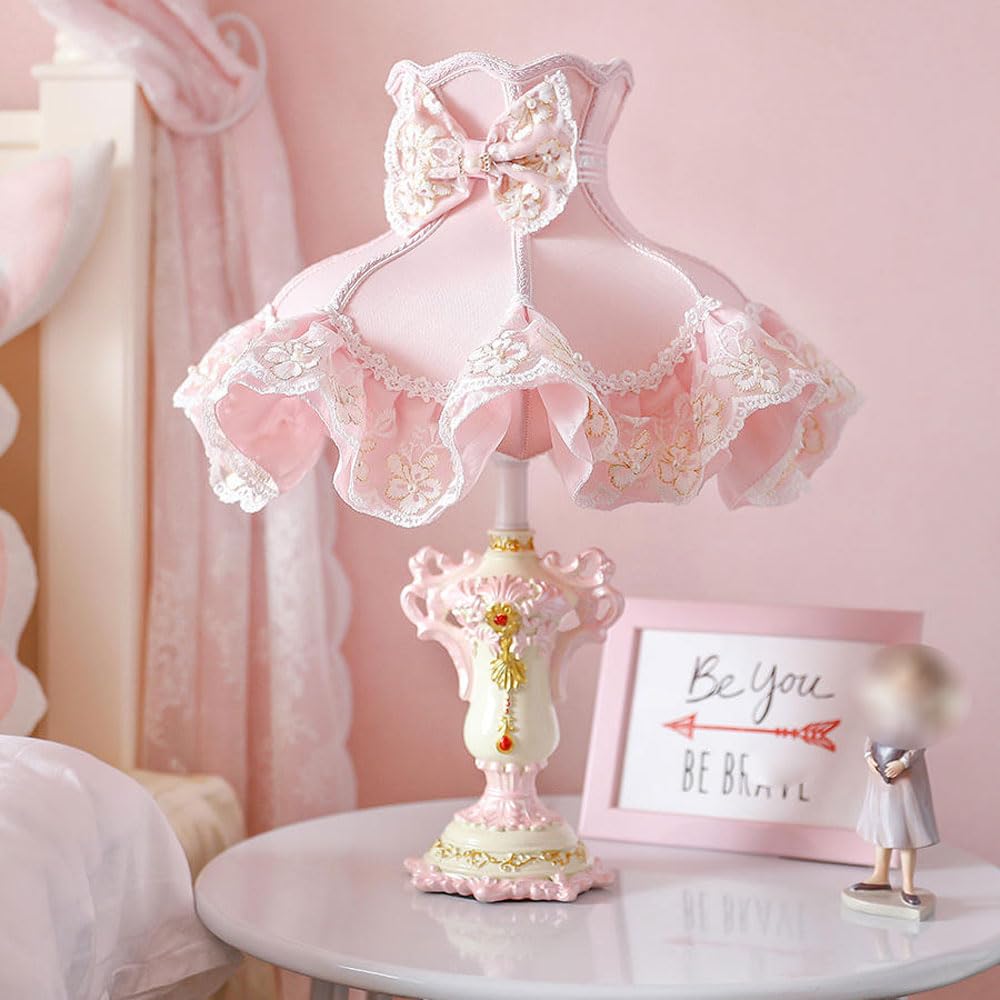 Photo 1 of WISHVYQ European Style Pink Table Lamps Victorian Desk Lamp American Retro Handmade Fabric Lampshade with Resin Lamp Body Bedside Lamp for Girl's Bedroom Office Living Room