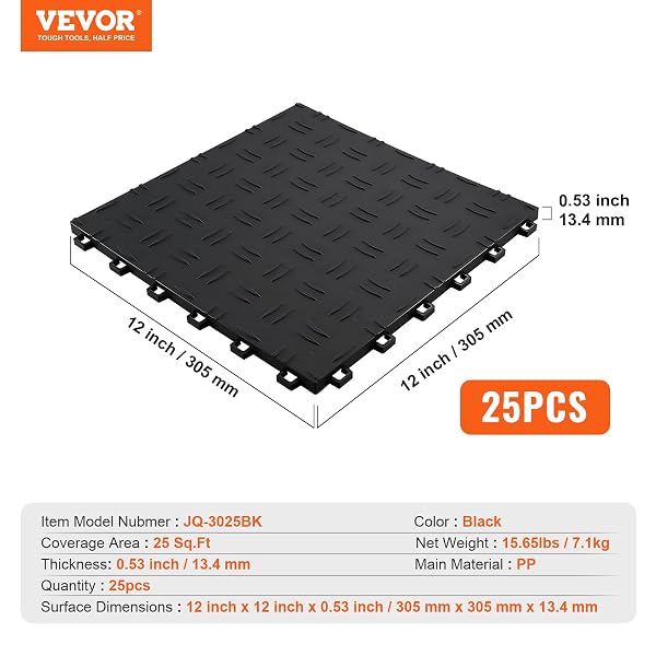 VEVOR GARAGE FLOOR TILES 12 X 12 X 0.53 INCH, INTERLOCKING DESIGN EASE OF INSTALLATION DOUBLE-SIDED TEXTURE NON-SLIP STURDINESS, FOR GARAGES, BASEMENTS, REPAIR SHOPS, BLACK, 25 PACK