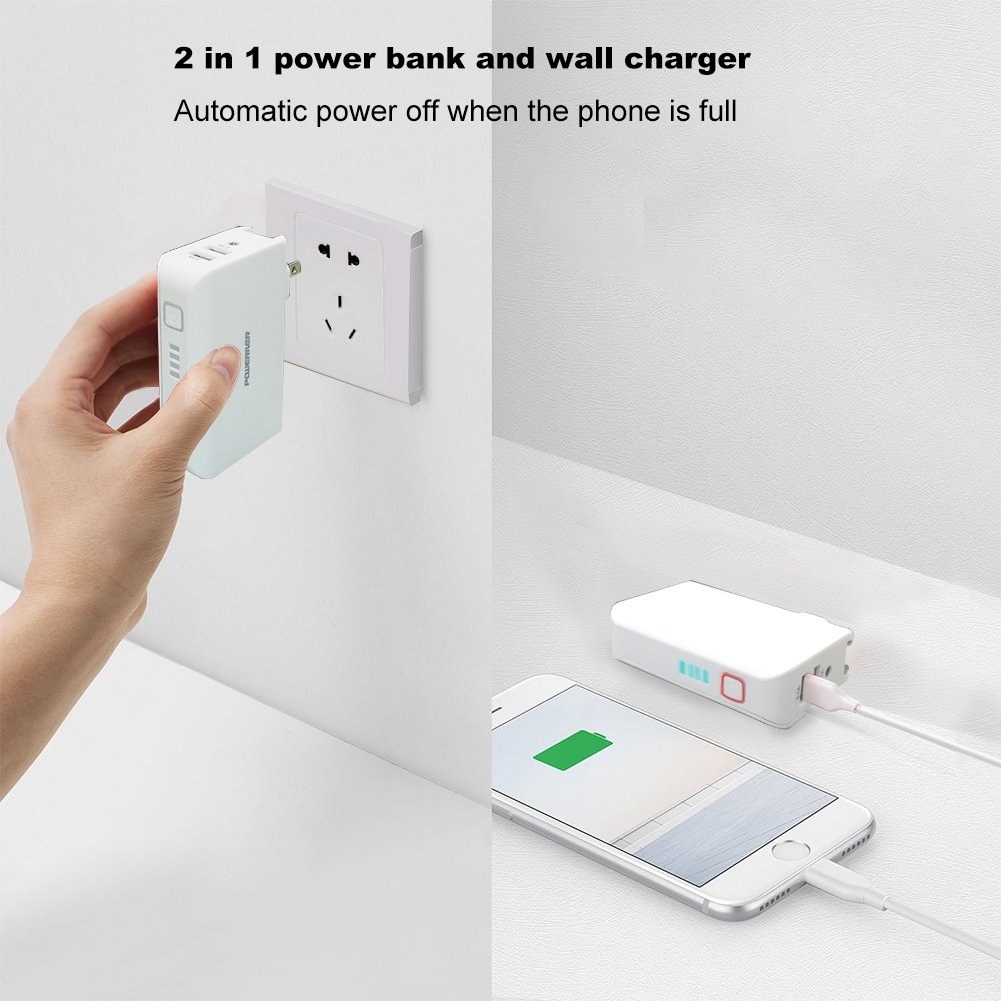 Wall Charger Power Bank, Poweriver Battery Portable Charger, 2-in-1 5000mAh with Foldable AC Plug for iPhone, iPad, Android, Tablets, Samsung Galaxy and More-White