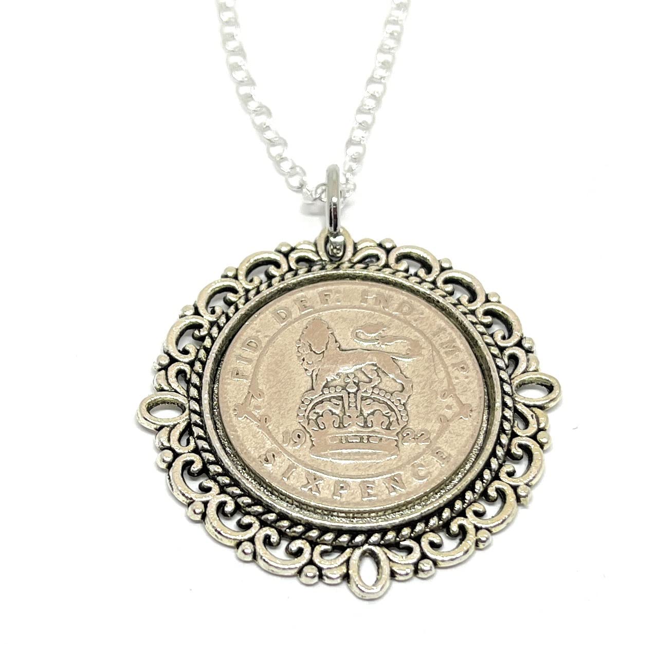 floral Fancy Pendant 1922 Lucky sixpence 104th Birthday plus a Sterling Silver 18in Chain