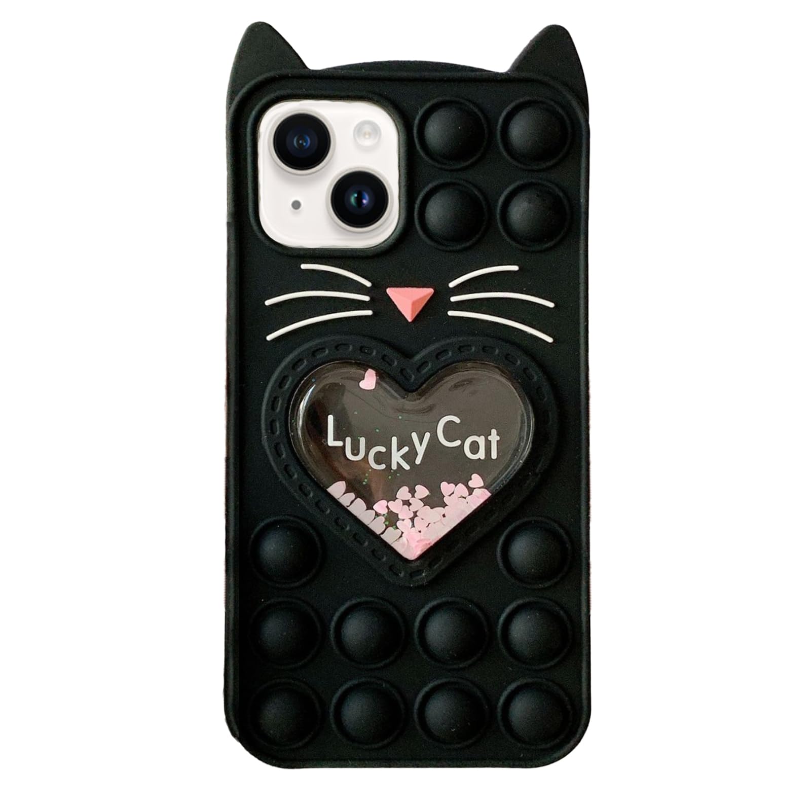 Asgens Fidget Pop Case for iPhone 13/14, Cartoon Lucky Black Cat Quicksand Bling Stars Push Bubbles Shockproof Silicone Soft Phone Case for Apple iPhone 13/14 6.1 inch