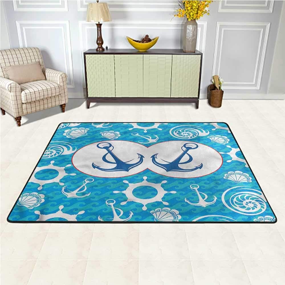 Carpet Nautical, Nostalgia Sailboat Geometric Area Rug Easy to Clean Stain Fade Resistant Super Soft 7 x 7 Feet