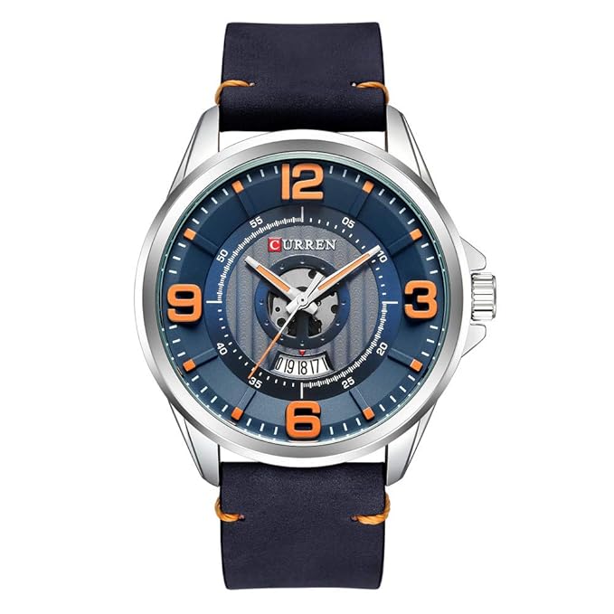 Curren Bussiness Casual Blue Leather Band & Blue Dial Analog Wrist Watch for Men & Boys + Free Assured Gift