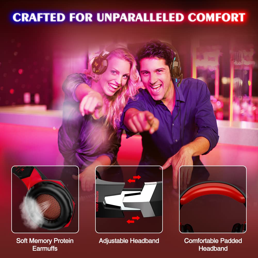 VersionTECH. G2000 Gaming Headset, Bass Surround Gaming Headphones with Noise Cancelling Mic, LED Lights, Soft Memory Earmuffs for PS5/ PS4/ Xbox One Controller/Laptop/PC/Mac/Nintendo NES Games-Red