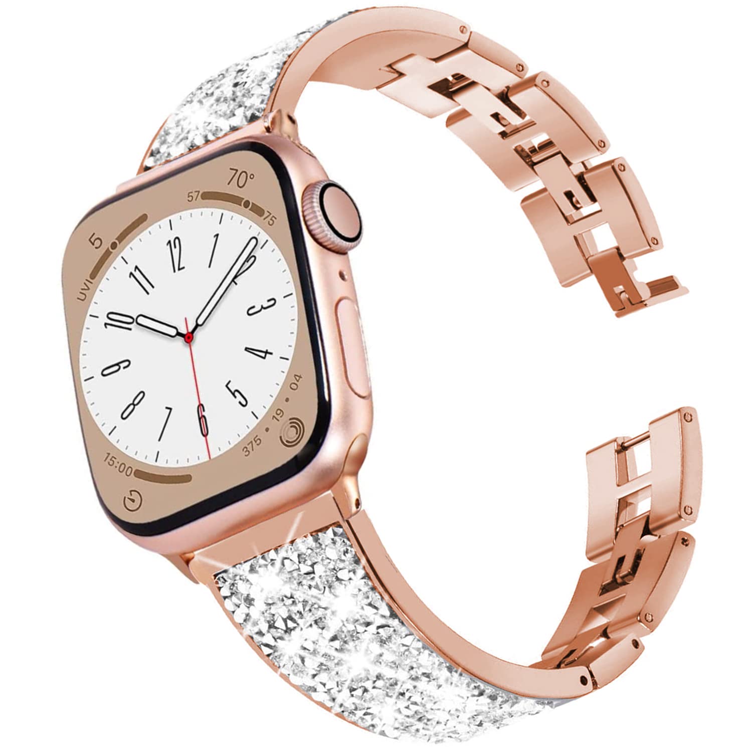DEALELE Strap Compatible with iWatch 42mm 44mm 45mm 49mm, Luxury Diamond Rhinestone Metal Steel Replacement Bracelet for Apple Watch Series 8/7 / 6/5 / 4/3 / SE/Ultra Women Men, Rose gold
