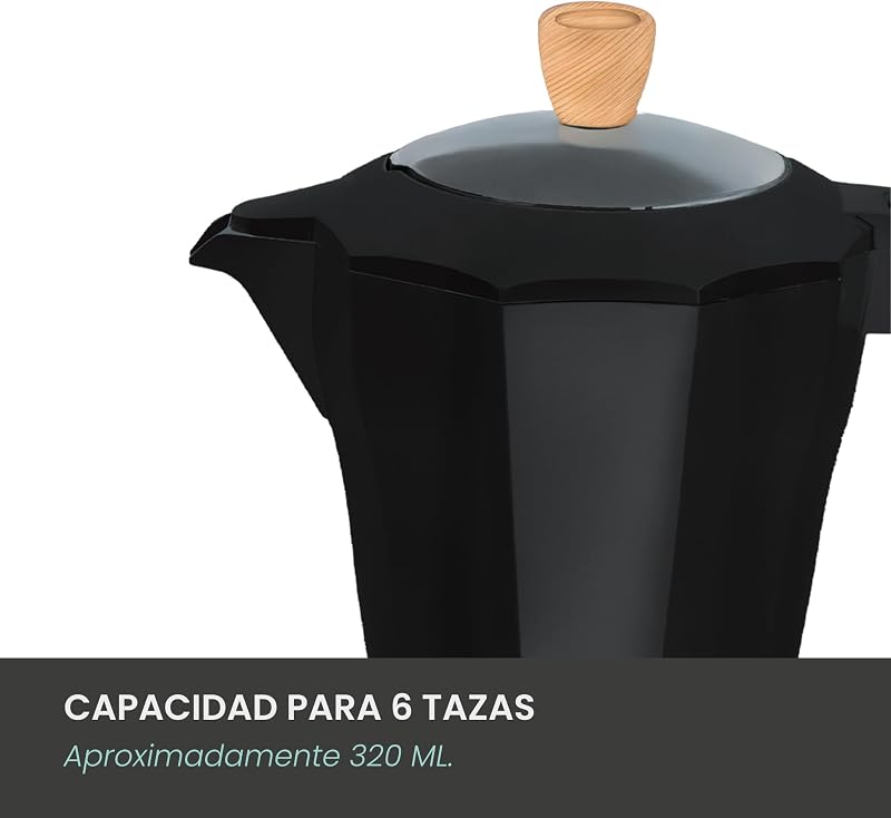 - Cafetera Italiana Eléctrica 6 Tazas | Línea Nature | Base giratoria 360º | Sistema “Siempre Caliente” | Apagado automático | Asa toque frío | Tapa transparente | Color negro