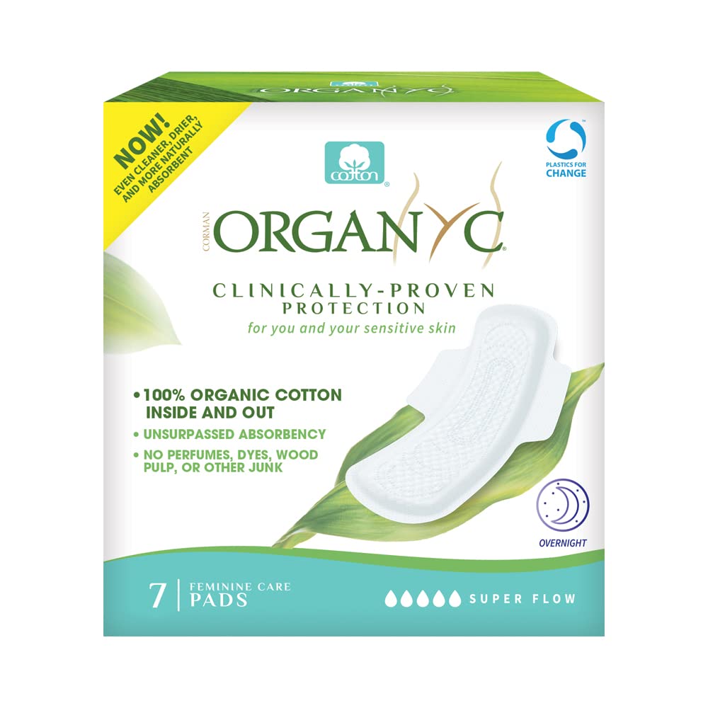 Organyc New and Improved 100% Certified Organic Cotton Inside and Out Overnight Feminine Pads, Heaviest Flow, Super Absorbency 2.0, 7 Count