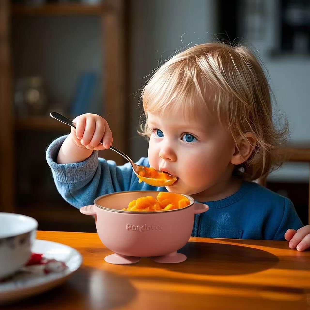 PandaEar 3 Pack Stainless Steel Baby Suction Bowls, Non-Slip Child Food Bowl with Silicone Sleeve for Kids Toddlers Infants, Unbreakable & Mess Free (Blue Green Brown)