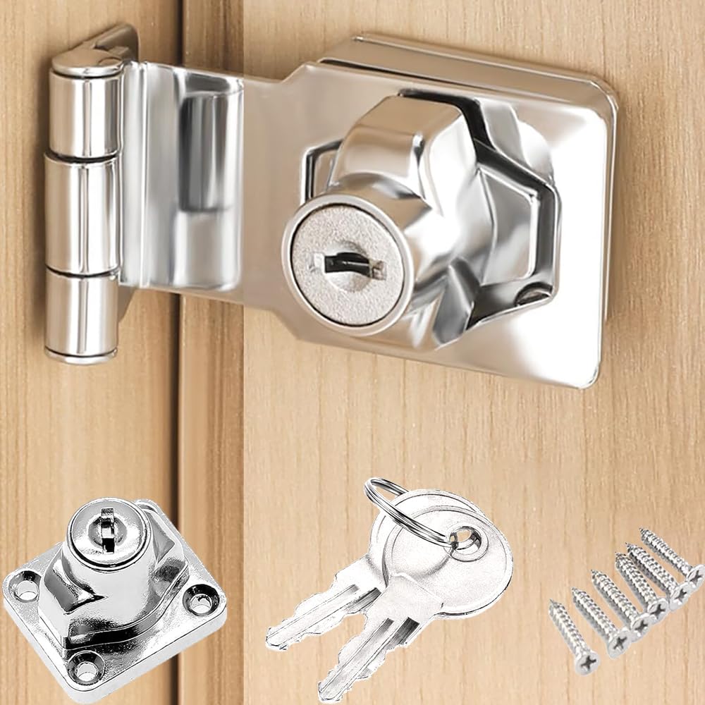 ZiYuya Hasp Lock with Keys, Padlock Shed Lock Gate Latch Door Bolt Lock Hasps Drawer Cupboard Twist Knob Locking Hasp Keyed Locking Closet Latch Bolt Door Lock (Silver Right Angle - 2.5 Inch)